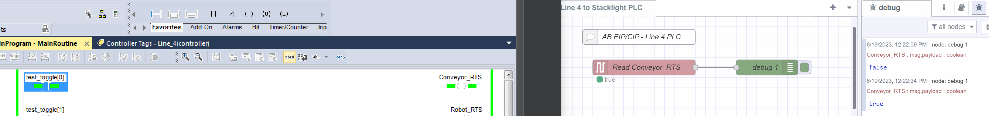 Screenshot showing the eth-ip node output in Debug panel after Toggle