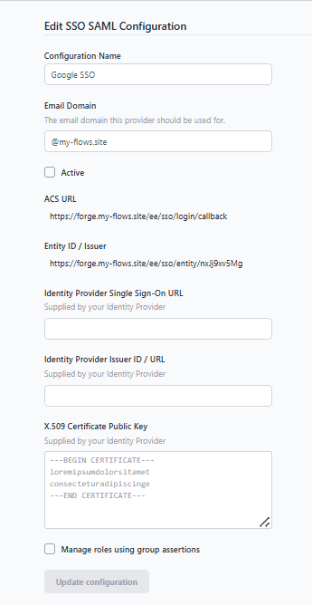 "Screenshot of advance sso form showing the ACS URL and Entity ID and other feilds for configuration"