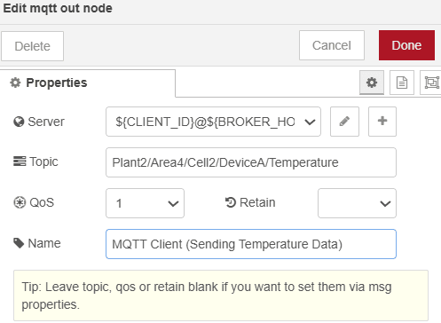 MQTT Out node configuration for temperature data