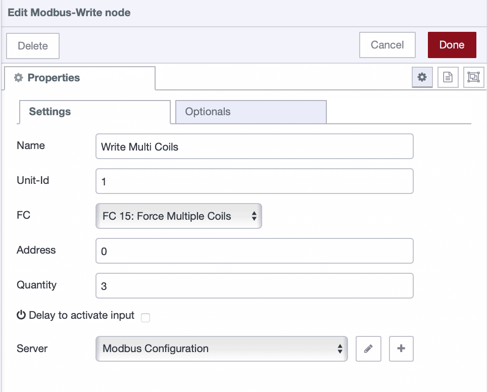 Writing multiple coils using the Modbus Write node.