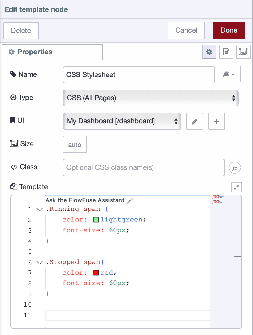 UI template node with CSS styling for running and stopped status classes