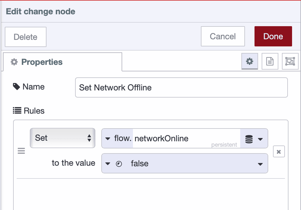Change node setting network offline flag in persistent storage