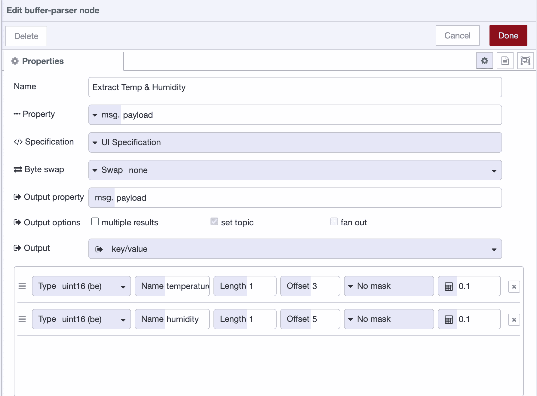 Buffer Parser configuration rows defining temperature and humidity extraction using uint16be with offsets and scale values.
