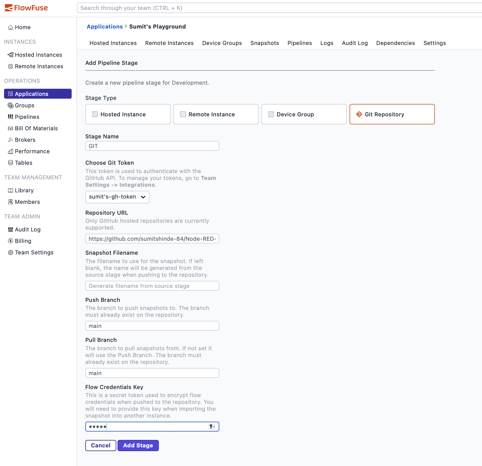 Screenshot showing the Git Repository stage configuration with fields for stage name, token, repository URL, and branch names