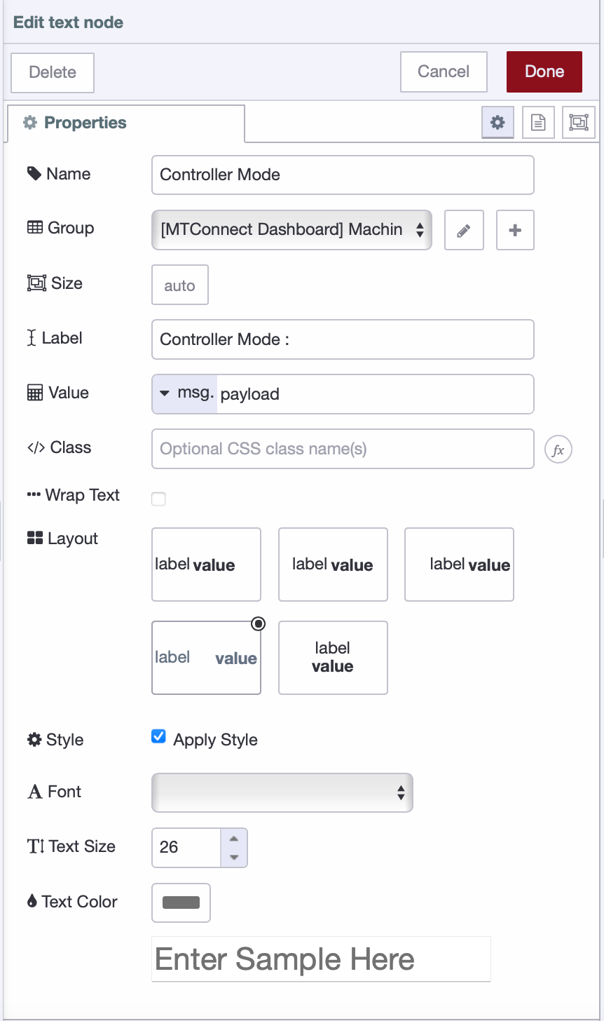Text widget configuration settings
