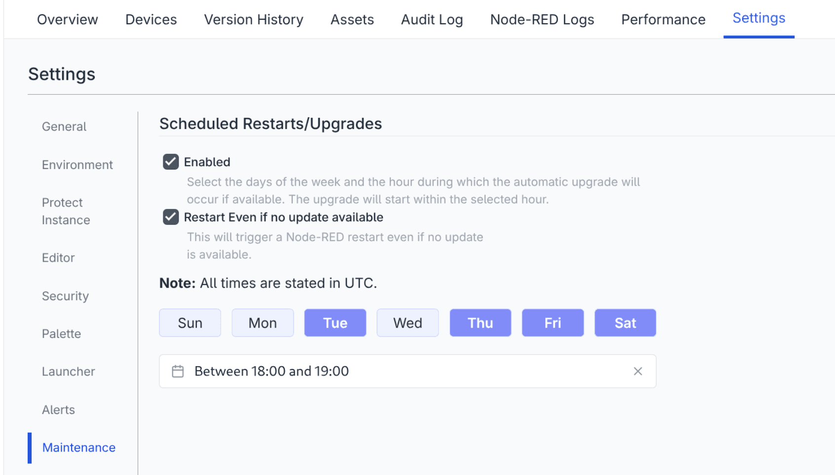 Maintenance Section of Instance Settings
