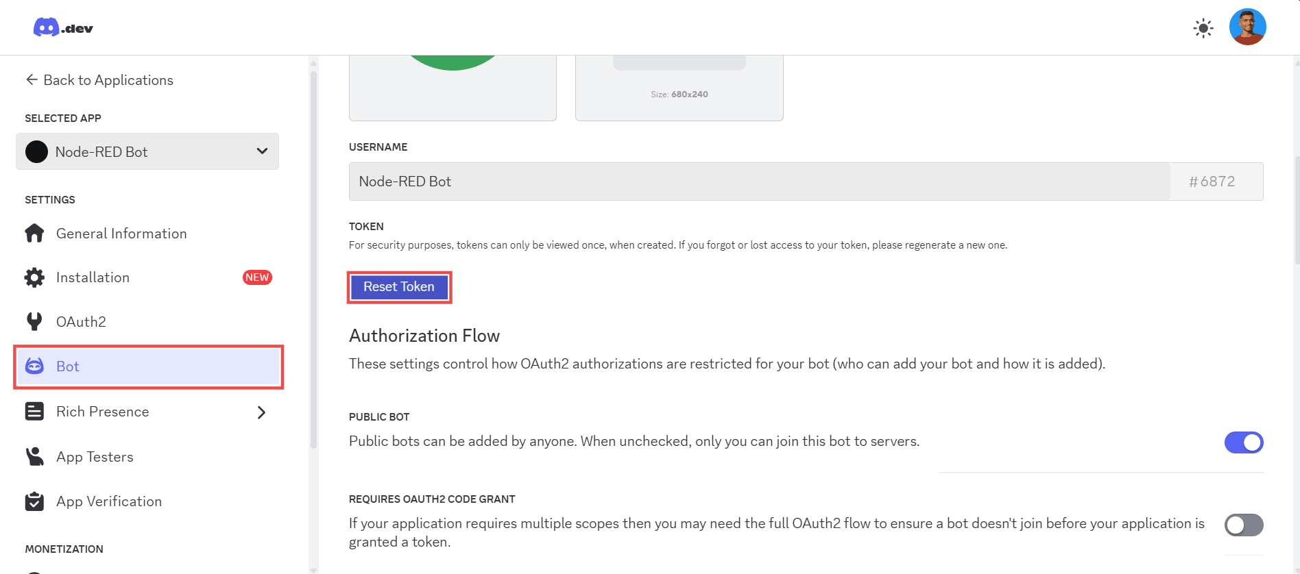 "Screenshot showing the 'bot' sidebar option and 'reset token' button"