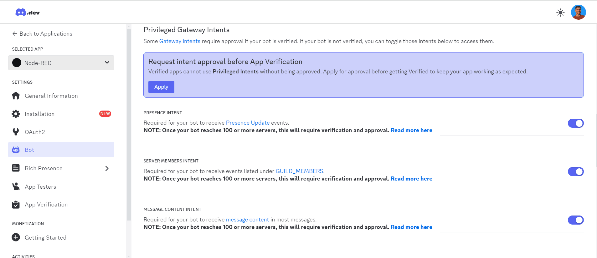 "Screenshot showing the 'Privileged Gateway Intents' options"
