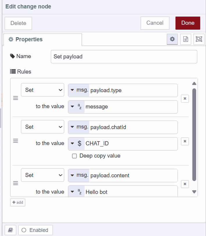 Screenshot displaying the change node setting payload for sending message "Screenshot displaying the change node setting payload for sending message"